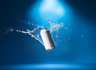 Poster - A white aluminum can, seemingly frozen mid-air, is engulfed in a dynamic splash of water against a deep blue backdrop.  The scene is dramatically lit, highlighting the liquid's movement.