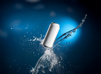 Poster - A sleek, white aluminum can, seemingly weightless, is captured mid-air, surrounded by a dynamic splash of clear water against a deep blue backdrop.  The image conveys refreshment and purity.