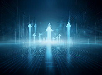 Aufkleber - Glowing blue arrows ascend on a dark, gridded background, symbolizing growth and technological advancement.  The reflective surface enhances the futuristic feel.