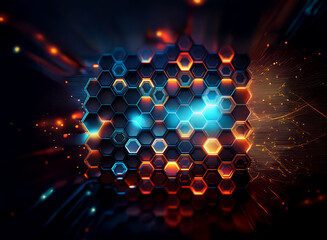 Poster - Glowing honeycomb structure, vibrant orange and blue hues,  dynamic energy, futuristic technology concept.
