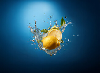Poster - Two lemons and leaves splashing into clear water against a deep blue background.  The vibrant yellow of the lemons contrasts beautifully with the cool blue.
