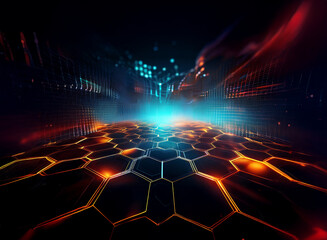 Fototapete - A futuristic digital landscape with glowing hexagonal grid, vibrant blue and orange hues, and a dark, atmospheric background.  The scene evokes feelings of technology, innovation, and virtual reality.