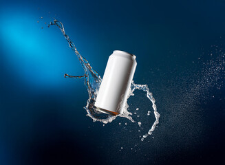 Poster - A white aluminum can, seemingly weightless, falls through a dynamic splash of water against a deep blue background.  The scene is clean, crisp, and evokes refreshment.