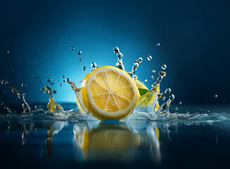 Poster - A juicy lemon slice and its reflection dramatically splash into a dark blue water surface, creating dynamic water droplets.  The vibrant yellow of the lemon contrasts beautifully against the deep blue