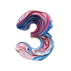 Wall Mural - A colorful, artistic representation of the number three, featuring swirling pink, blue, and white patterns on a white background.