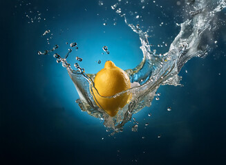 Fototapete - A vibrant yellow lemon creates a dramatic splash as it enters clear water against a deep blue backdrop.  The image captures the moment of impact, showcasing the dynamic energy of the water.