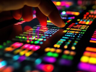 Wall Mural - vibrant abstract digital waveform with colorful light patterns and finger touching on an electrolumi