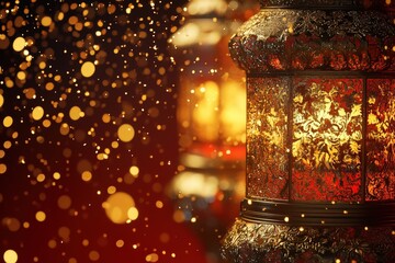 Wall Mural - warmly glowing lanterns with golden bokeh background for enchanting holiday and celebration imagery