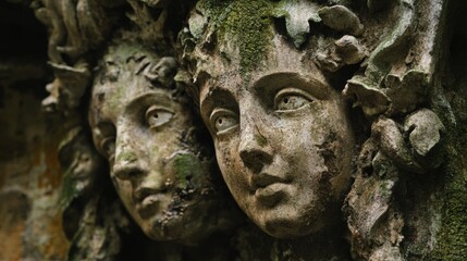 Ancient stone carvings of two faces entwined with moss.