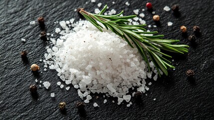 Poster - Coarse sea salt, rosemary, peppercorns on slate.  Culinary ingredient photo for recipe blogs