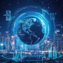 Wall Mural - futuristic cityscape with a digital globe: a vision of technology and connectivity in urban landscap