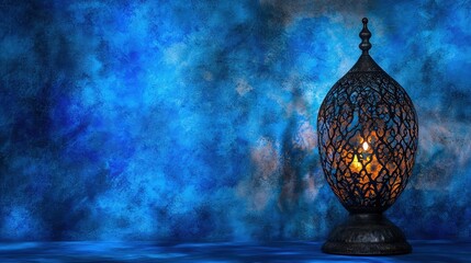 Sticker - elegant arabesque lantern casting warm glow against abstract blue background for home decor and inte