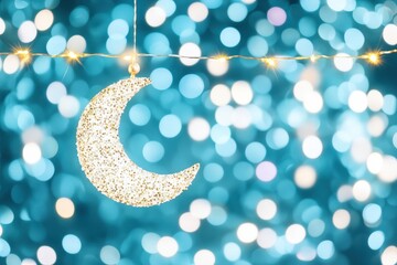 Sticker - sparkling crescent moon decoration with bokeh lights - perfect for festive celebrations, holiday dec