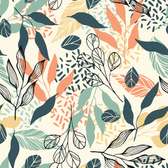 Wall Mural - Herbal leaves hand drawn seamless pattern. Botanical background. Vector tile for textile design, wrapping paper, decoration, web, social media