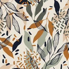 Wall Mural - Herbal boho leaves hand drawn seamless pattern. Botanical background. Vector tile for textile design, wrapping paper, decoration, web, social media