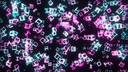 Wall Mural - abstract background. moving neon purple and blue glowing cube frames. 3d render looped animation