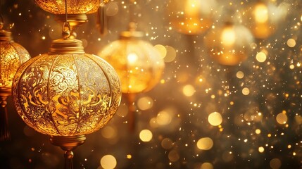 Wall Mural - golden lanterns glowing in festive atmosphere with bokeh lights creating a magical and enchanting ba