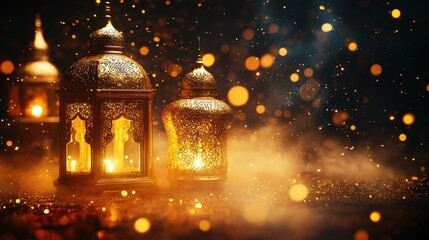 Sticker - enchanting decorative lanterns illuminating a mystical background with glowing bokeh effects and a d