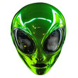 © Mariam - A neon green alien face with large black eyes isolated on a black background