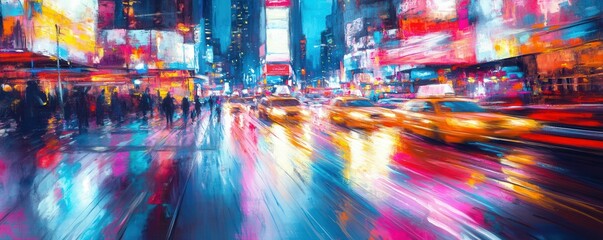 Wall Mural - a vibrant abstract painting capturing the feeling of a city in motion, with streaks of color represe