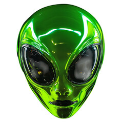 A neon green alien face with large black eyes isolated on a black background