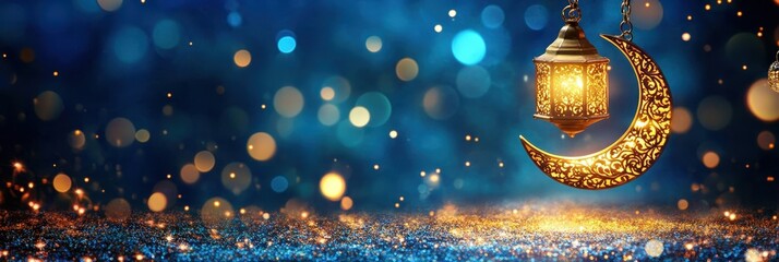 Wall Mural - glowing lanterns and crescent moon on a shimmering blue background for celebratory or festive themes