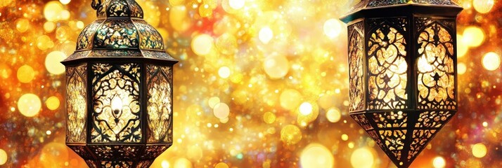 Wall Mural - elegant moroccan lanterns illuminated against a blurred golden bokeh background, perfect for festive