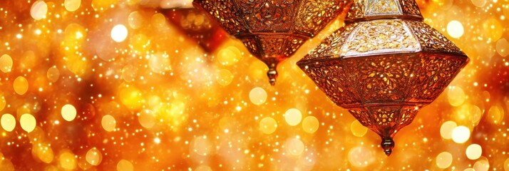 Wall Mural - elegant lanterns glowing with warm light against a beautiful golden background, ideal for festive oc