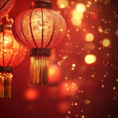 Wall Mural - beautiful red lanterns illuminating a festive background with glittering bokeh in a celebrate atmosp