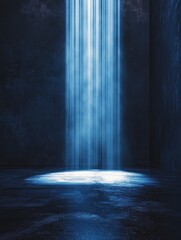 Wall Mural - A dark blue background with light beams coming from the bottom, illuminating the floor in front of it. The beam lights form vertical lines that highlight an empty space at ground level. 