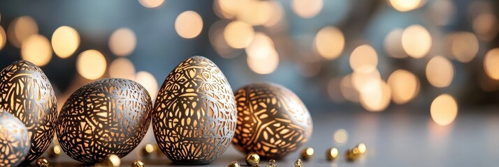 Wall Mural - elegant decorative easter eggs with golden patterns on a soft background of glowing bokeh lights – p