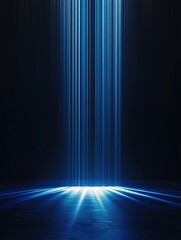 Wall Mural - A dark blue background with light beams coming from the bottom, illuminating the floor in front of it. The beam lights form vertical lines that highlight an empty space at ground level. 