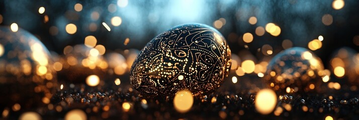 Sticker - intricate golden easter eggs sparkling in a magical forest with bokeh lights and mystical atmosphere