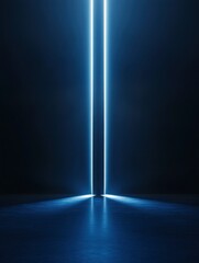 Wall Mural - A dark blue background with light beams coming from the bottom, illuminating the floor in front of it. The beam lights form vertical lines that highlight an empty space at ground level. 