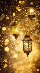 Wall Mural - enchanting golden lanterns illuminating a festive background with sparkling bokeh effect for magical