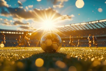Wall Mural - A football in the center of an empty stadium, with lights shining on it. The background is blurred and shows other players playing soccer. In front, there is grass that reflects light from sunrays. 