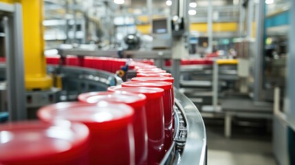 Wall Mural - Red Cylinders Conveying on a Metal Belt