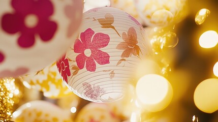 Canvas Print - colorful floral lanterns illuminated against a golden background, perfect for celebrations and festi