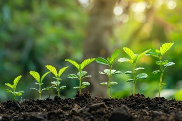 Wall Mural - Seedlings growing in a row showing growth progress, from small to big, in nature with sunlight