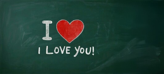 vintage dark green chalkboard with the text written with white chalk i love you and a red heart. lov