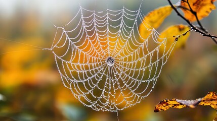 Dew-covered spider web in a misty forest, close-up and intricate nature detail  
