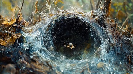 Dew-covered spider web in a misty forest, close-up and intricate nature detail  