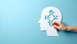 © Irina - Hand placing a puzzle piece into a paper cutout of a human head on a blue background