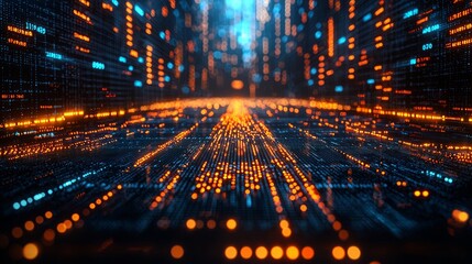 Digital data stream, glowing lines, futuristic city, abstract background, tech concept