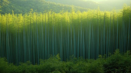 Wall Mural - Sunrise illuminates bamboo grove, hillside backdrop