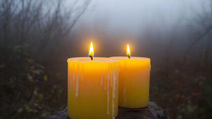 Wall Mural - Two Burning Candles in Foggy Forest, lit, flame, flames, fire, light