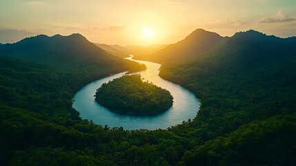 Wall Mural - Serene Sunset Over Lush River Landscape, nature, tropical, jungle, rainforest, mountains