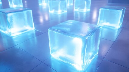 Wall Mural - Glowing Ice Cubes on a Blue Tiled Floor