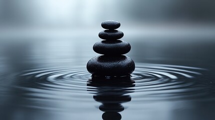 Serene stones, calm water, misty background, spa