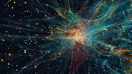 An abstract digital illustration of a glowing, colorful network of lines and dots on a dark background.